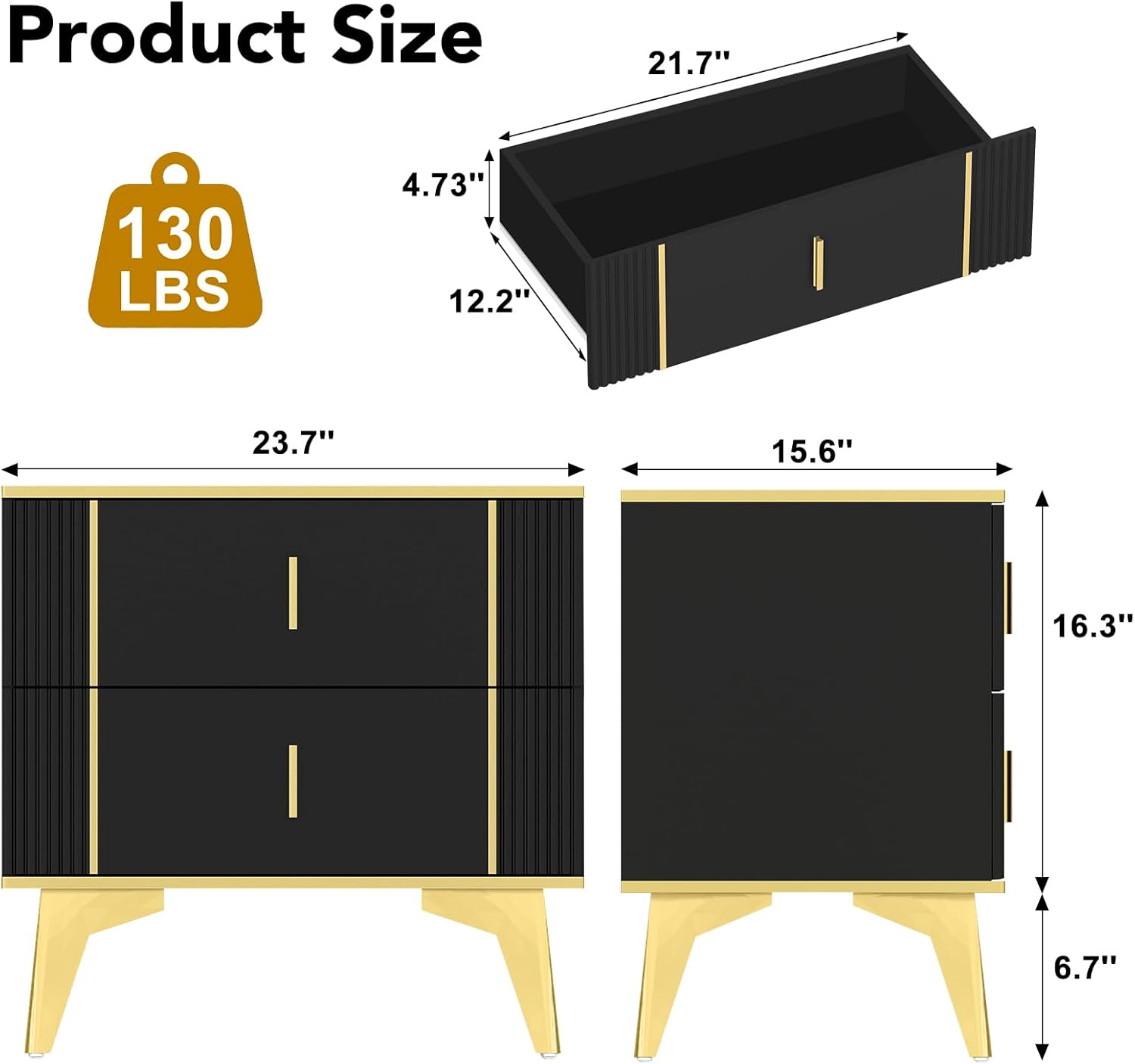 Wakefit Nightstands Set of 2, Light Luxury Bedside Table with 2 Wood Drawers, End Tables with Metal Handles and Metal Legs for Bedroom, Stripe Double (Black)