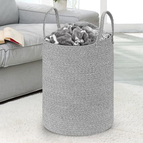Baby Laundry Basket Hamper,Woven Cotton Rope Pink Laundry Basket Nursery Hamper Bin Storage Basket for Girls Kids Living Room Bedroom Cute Boho Tall Woven Rope baskets for Clothes Blanket Toys Large
