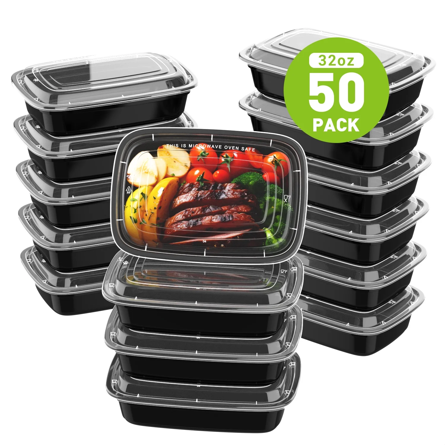 TINANA Meal Prep Containers with Lids: 50 Pack Plastic Containers,32 oz Meal Prep Lunch Box, Take Out Containers,Food Storage Bento Box,Microwavable Freezer Safe