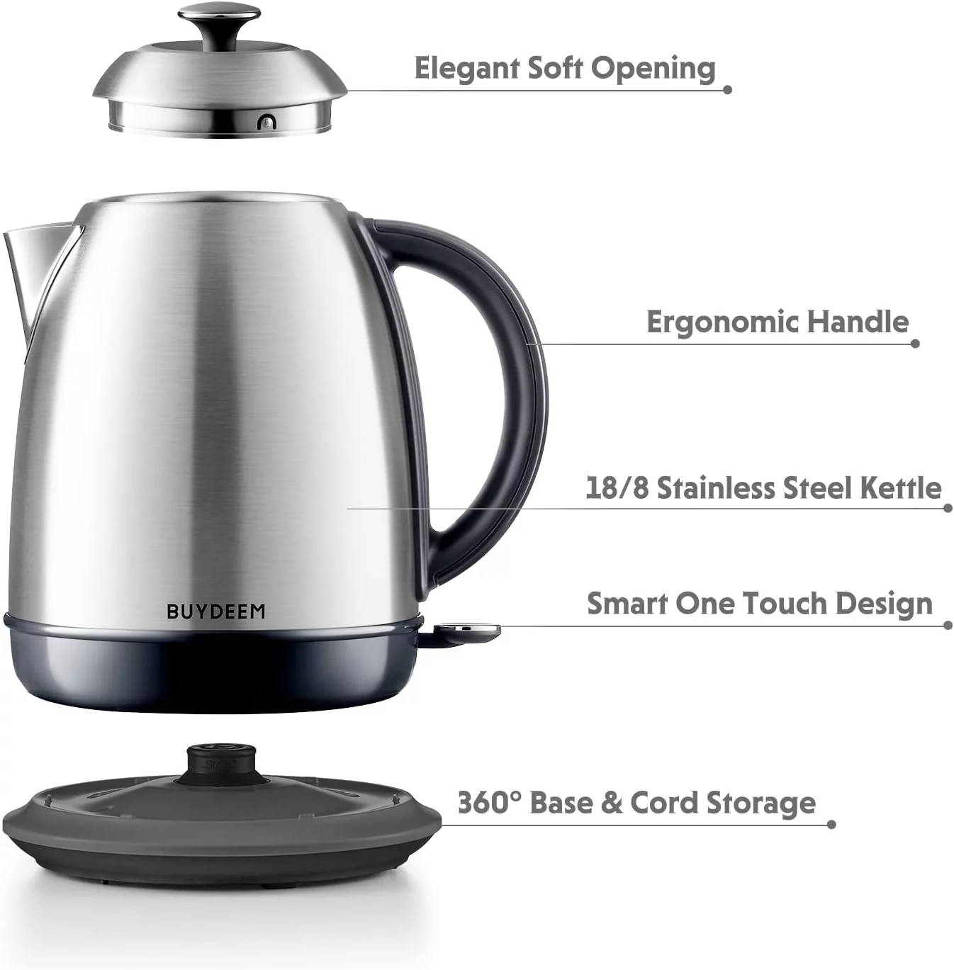 BUYDEEM 1.7L Stainless Steel Electric Kettle, Auto Shut-Off and Boil Dry Protection, Retro Silver