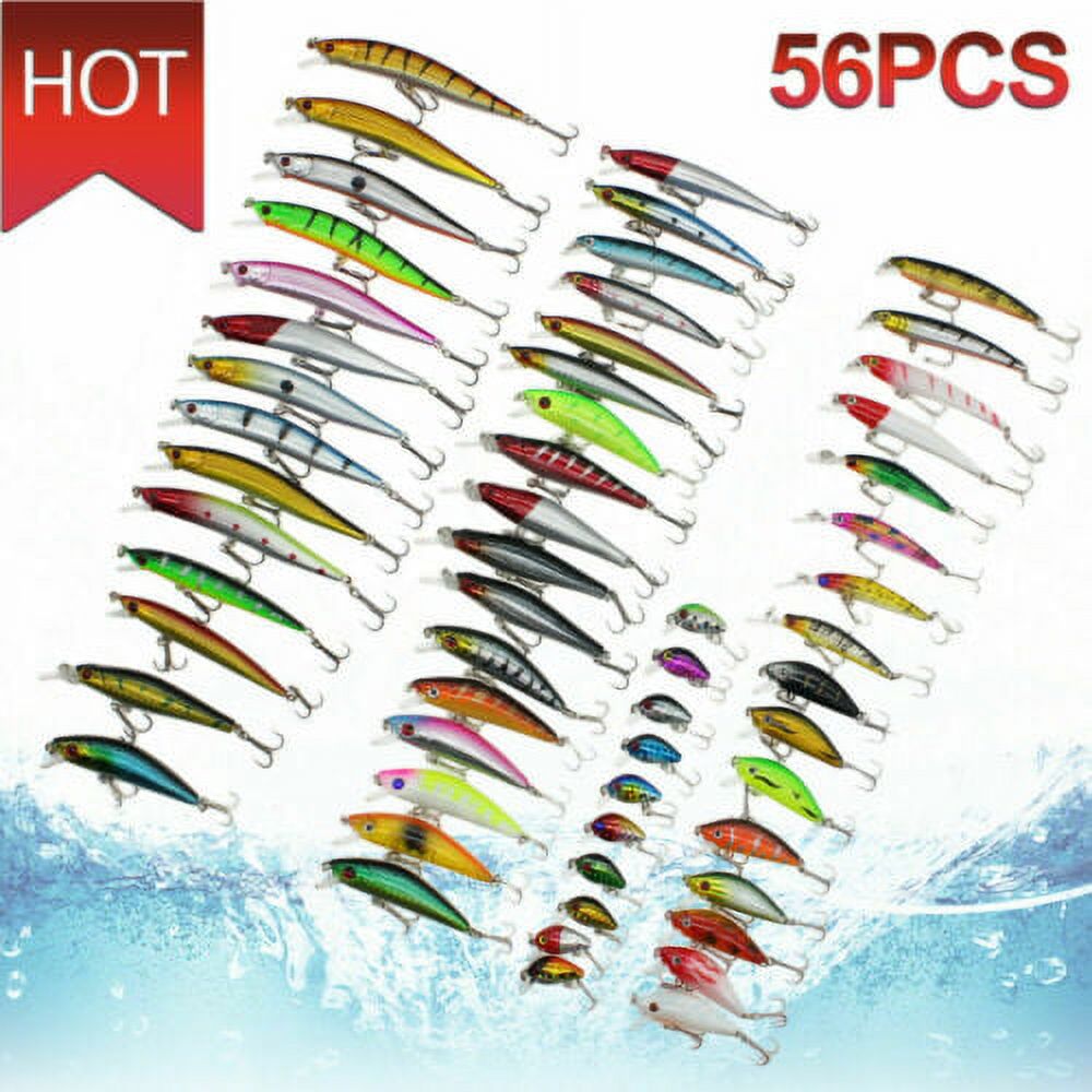 Kqiang Set Of 56Pcs Mixed Minnow Fishing Lures Bass Baits Crankbaits Fish Hooks Tackle