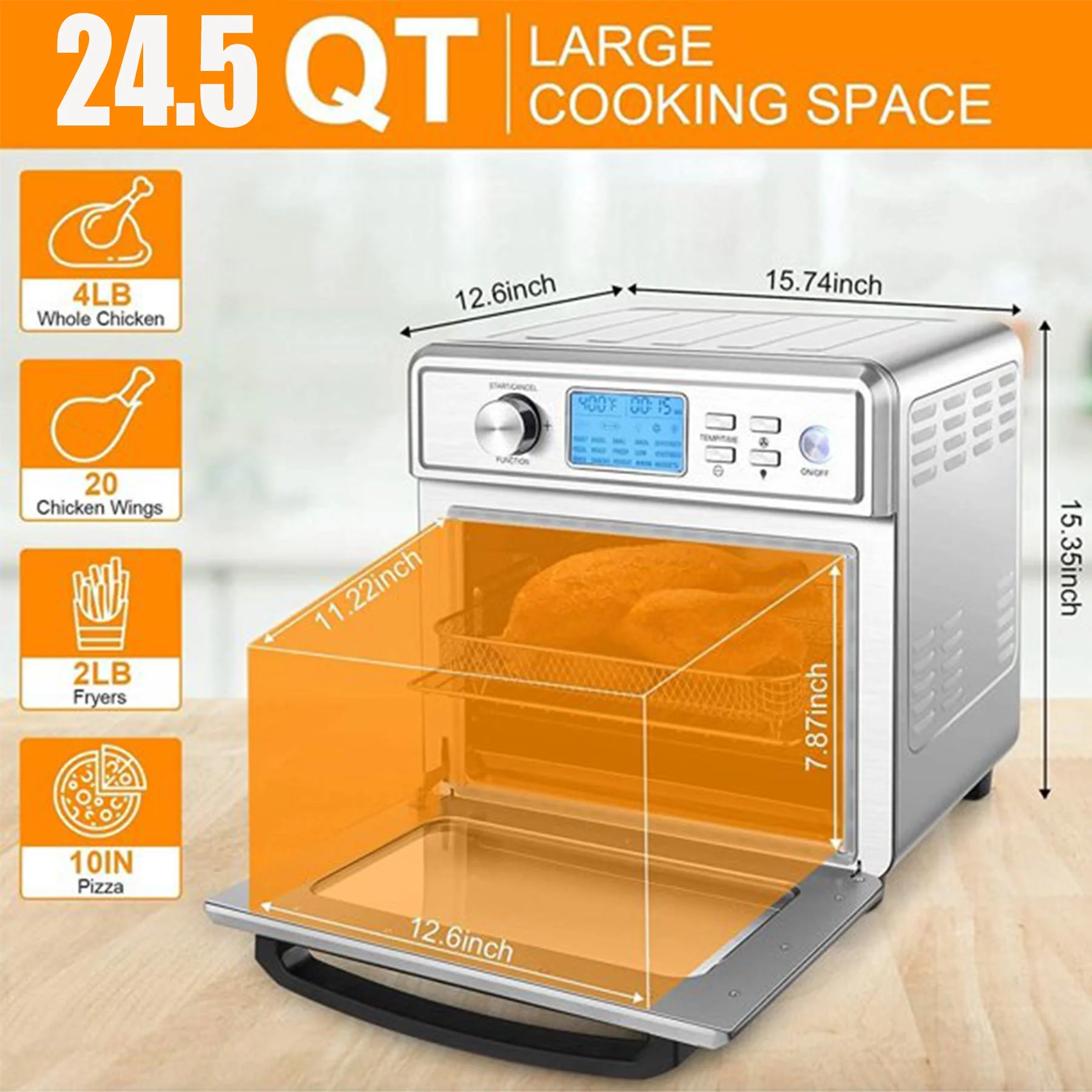 16 in 1 Air Fryer Oven, 24.5QT Large Airfryer Oven, Oil Less & Stainless Steel with LED Display & Temperature/Time Dial（Gift Popcorn Machine）