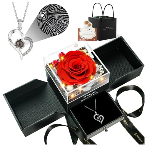 Preserved Flowers Mothers Day Gifts for Mom, Forever Real Rose with I Love You in 100 Languages Heart Necklace, Birthday Gifts for Women Mom Wife Girlfriend on Valentines Mothers Day Anniversary Red