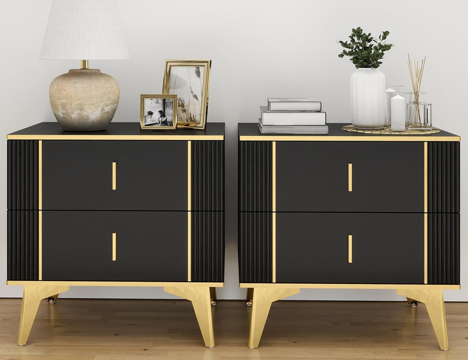 Wakefit Nightstands Set of 2, Light Luxury Bedside Table with 2 Wood Drawers, End Tables with Metal Handles and Metal Legs for Bedroom, Stripe Double (Black)