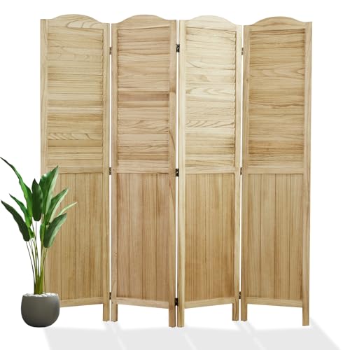 Room Partitions and Dividers, Temporary Wall with Double Hinges, 5.6 Ft Tall Folding Louver Wood Screen for Home Office Bedroom Hotel Decoration (4 Panels, Wood Color)