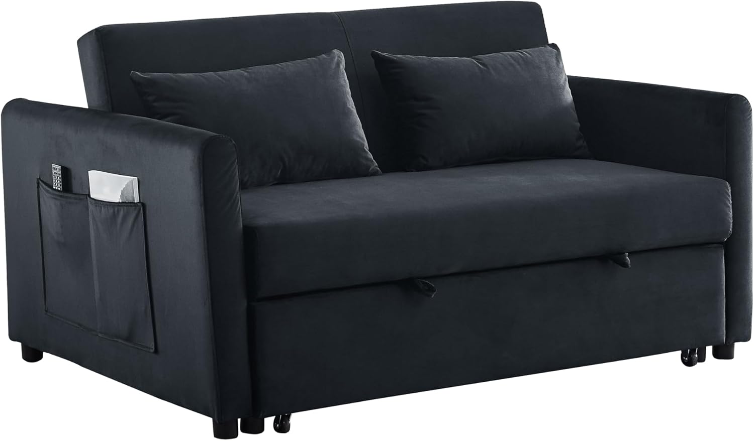 54 Inch Convertible Sleeper Sofa, 3-in-1 Versatile Velvet Loveseat with Pullout Bed, Couch with Adjustable Backrest, Lumbar Pillows and Side Pockets for Living Room Bedroom Apartment, Black