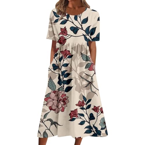 Women's Boho Floral Dress Summer Short Sleeve Flowy A Line Midi Dress Loose Casual Beach Vacation Dresses with Pockets