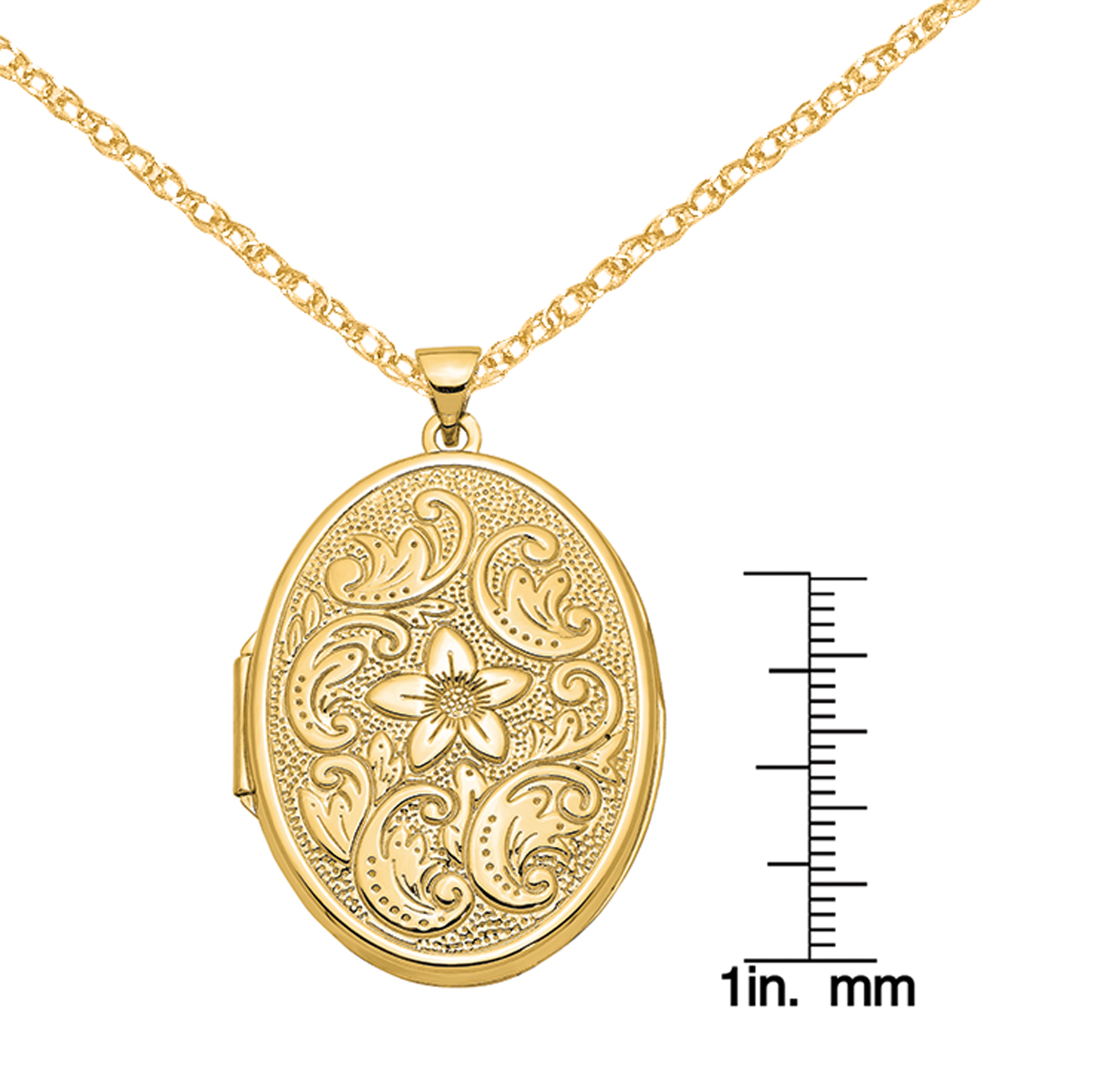 Primal Gold 14 Karat Yellow Gold 32mm Oval Flower with Scrolls Locket on 18-inch Cable Rope Chain