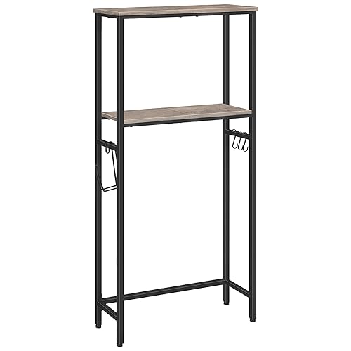 HOOBRO Over The Toilet Storage, 2-Tier Over Toilet Bathroom Organizer Shelf, with Toilet Paper Holder and Hooks, Sturdy and Durable, for Bathroom, Toilet, Greige and Black BG49TS01