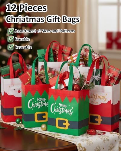 Christmas Gift Bags Assorted Sizes, Extra Large/Medium/Small 12PC Christmas Tote Bags with Handles, Heavy Duty Non-Woven Christmas Shopping Bags, Party Favor Bags, Large Holiday Bags for Presents Bulk