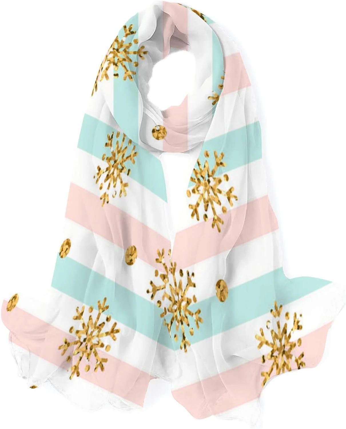 Hyjoy Christmas Gold Snowflake on Lines Long Silk Neck Scarf Lightweight Shawl Wrap Scarves for Women Girls