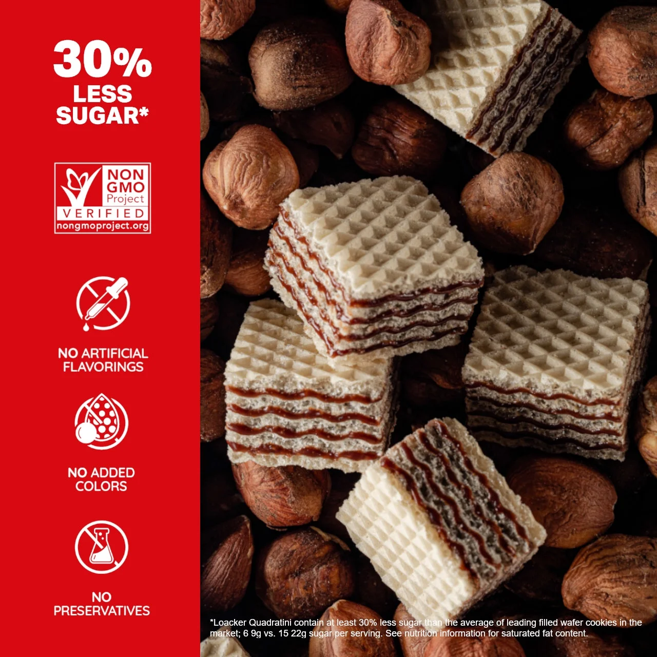 Quadratini Hazelnut, NON-GMO Bite-size Wafer Cookie, 8.82 oz, pack of 6