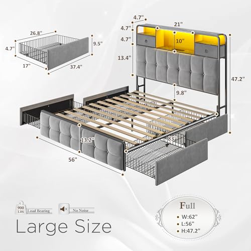 EnHomee King Size Bed Frame with 4 Storage Drawers King Bed Frame with Headboard Built in Charging Station and LED Lights, No Noise, No Box Spring Needed, Easy Assembly, Grey