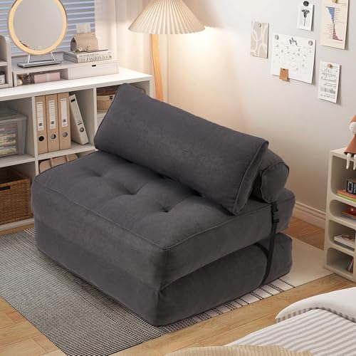 GYUTEI Folding Sofa Bed, Convertible Sleeping Chair with Backrest Support and Soft Corduroy Fabric，Fold Couch Bed with Pillow for Small Spaces/Living Room/Bedroom/Apartment, Single Size,Grayish Blue