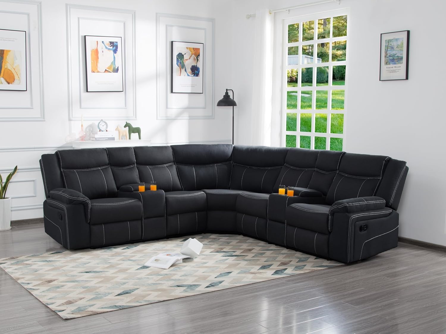 Manual Motion Sectional Sofa Living Room Furniture Sets L-Shaped Corner 5 Seaters Recliner Sofa&Couch Curved Upholstered Couch with 2 Console Storage and 4 Cup Holders for Home Theater, Black