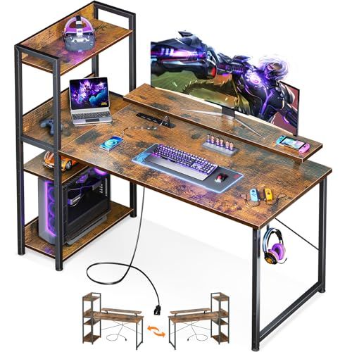 ODK Reversible Gaming Desk with Power Outlets, 40 Inch Computer Desk with Storage Shelves and Monitor Stand, Small Gamer Desk for Home Office, Small Space Bedroom, Carbon Fiber Black