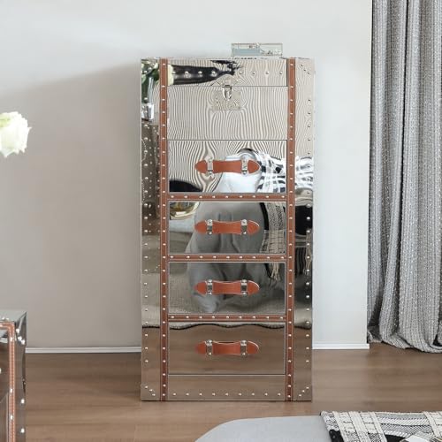 Mid-Century Modern Tall Dresser with Flip Top Mirror Metal Clad Antique Chest of Drawers for Bedroom 5 Drawers Storage Tower Organizer for Living Room, Hallway, Entryway, Closets, Golden