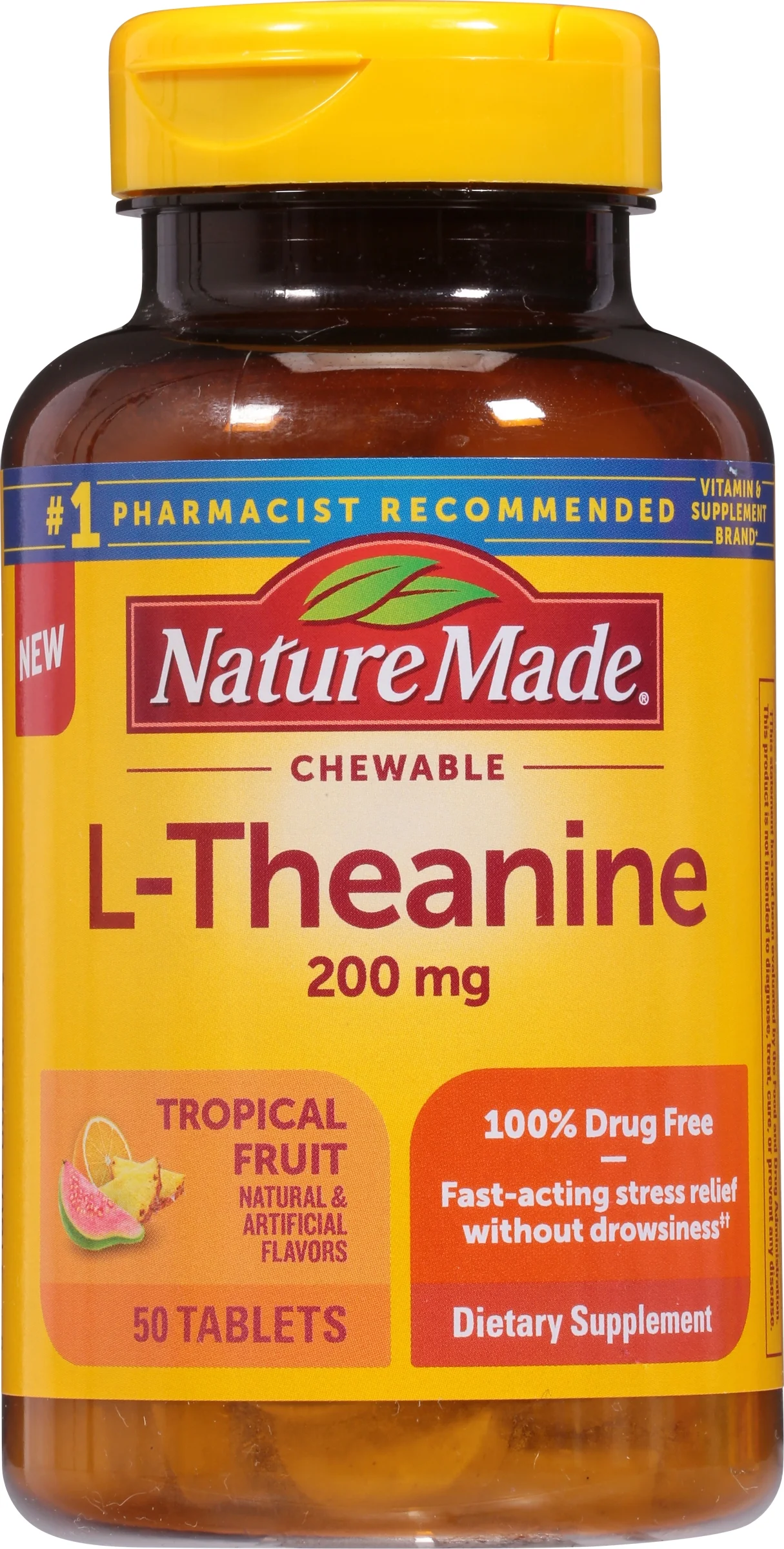 Nature Made Chewable L - Theanine 200mg, Supplement for Stress Relief, 50 Chewable Tablets, 50 Day Supply