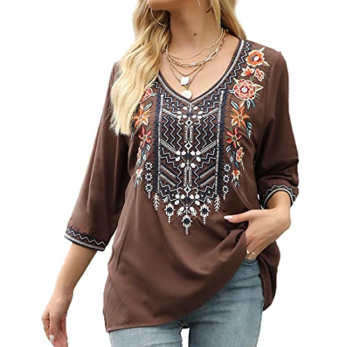 AK Women's Embroidered Tops 3/4 Sleeve Traditional Mexican Shirts for Women V Neck Peasant Tunic Blouses