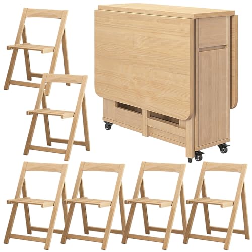 Space Saving Folding Dining Table with 4-6 Chairs, Extendable Drop Leaf Farmhouse Wood Kitchen Dining Room Tables Set for 6, Collapsible Expandable Kitchen Dining Living Office Furniture,6 Cha