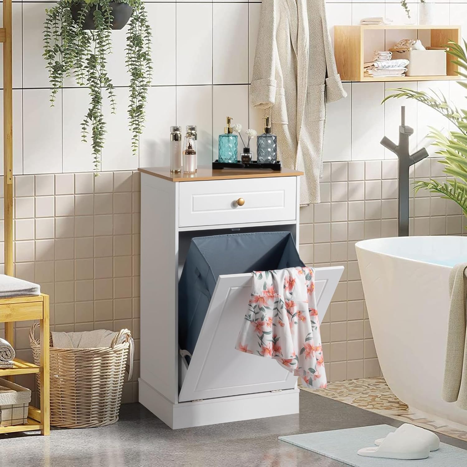 Karl home Tilt Out Laundry Hamper Cabinet with Drawer, Trash Can Cabinet, Dirty Clothes Basket Cabinet for Bathroom Kitchen, White