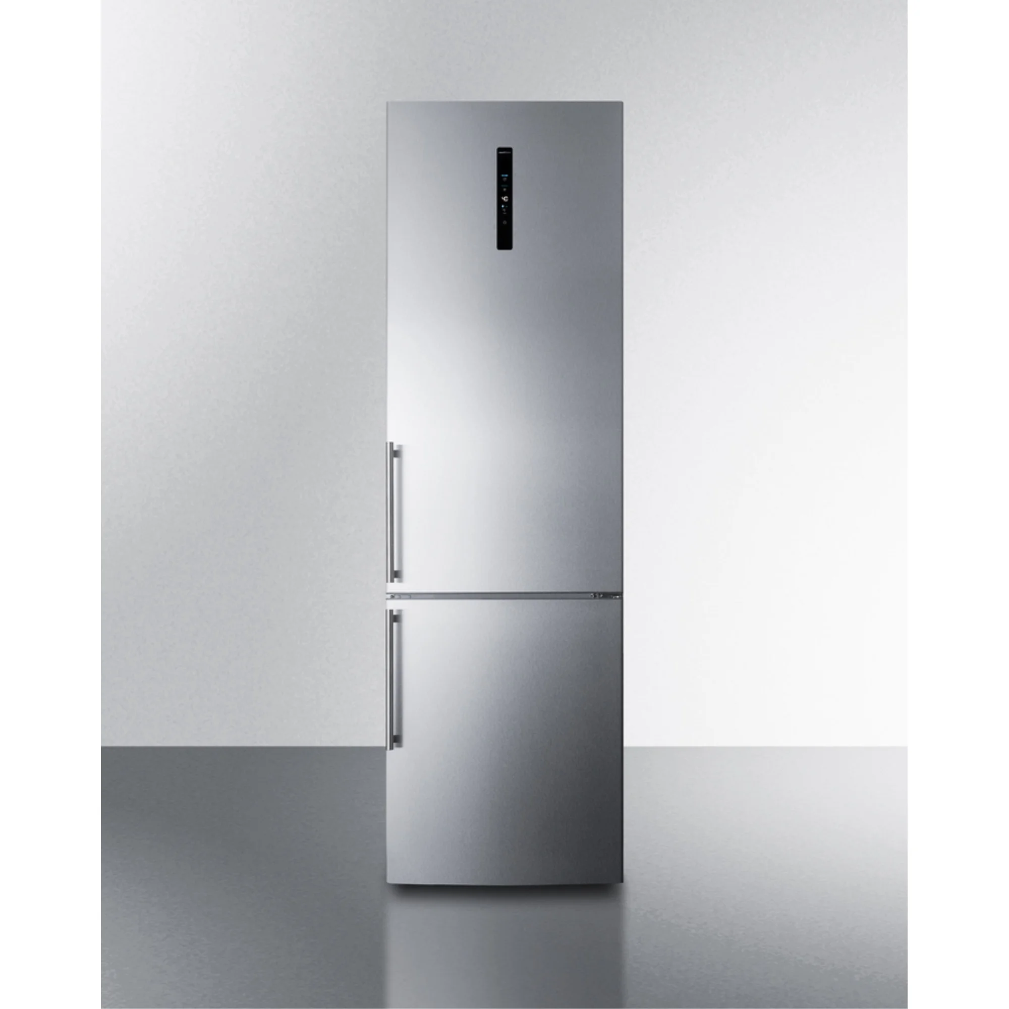 European counter depth bottom freezer refrigerator with icemaker, stainless steel doors, platinum cabinet, and digital controls for each section