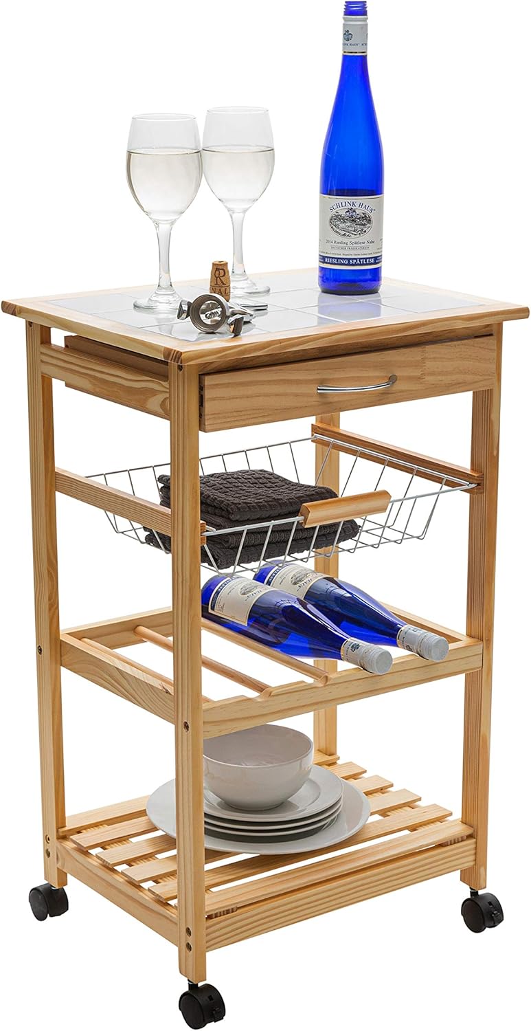 Organize It All Natural Pinewood Multi-Purpose Mobile Kitchen Cart, Dimensions : ‎18.5 x 30 x 14.5 | Tile Top | Easy Movement | Kitchen Storage | Light Tan