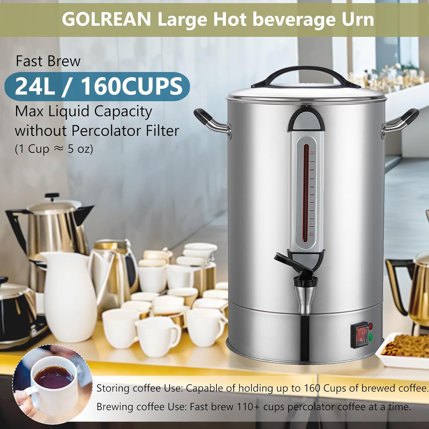 Commercial Coffee Urn 24L 160Cup Stainless Steel Quick Brew Hot Dispenser for Catering, Commercial Grade Large Capacity Coffee Maker For Meeting Rooms, Church, School, Stainless Steel