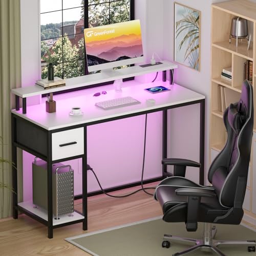 GreenForest Computer Desk with Drawers 47 inch,Gaming Desk with LED Lights & Power Outlets Small Desk with Monitor Stand and Reversible Shelf,Walnut