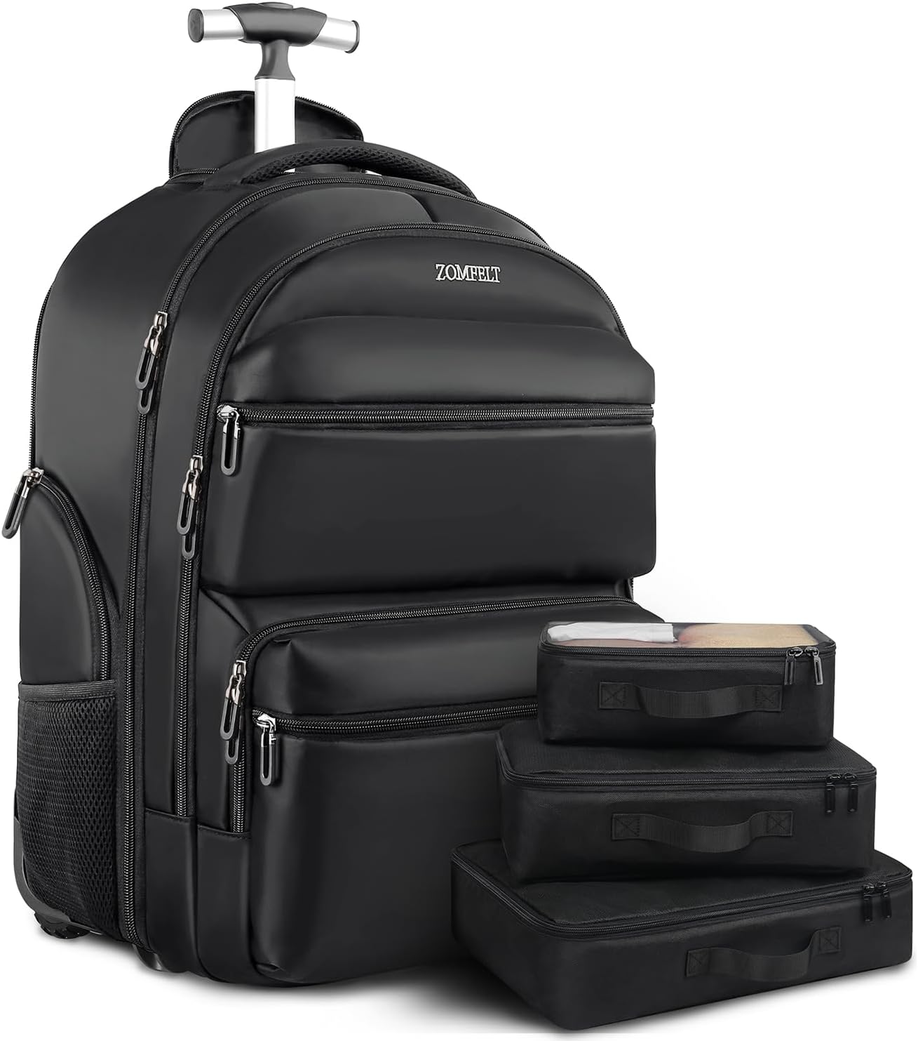 ZOMFELT Rolling Backpack, 17.3 inch Laptop Backpack with Wheels, Travel Backpack for Women Men with 3 Portable Packing Bags, Large Carry on Duffle Bag for Travel Work, Black