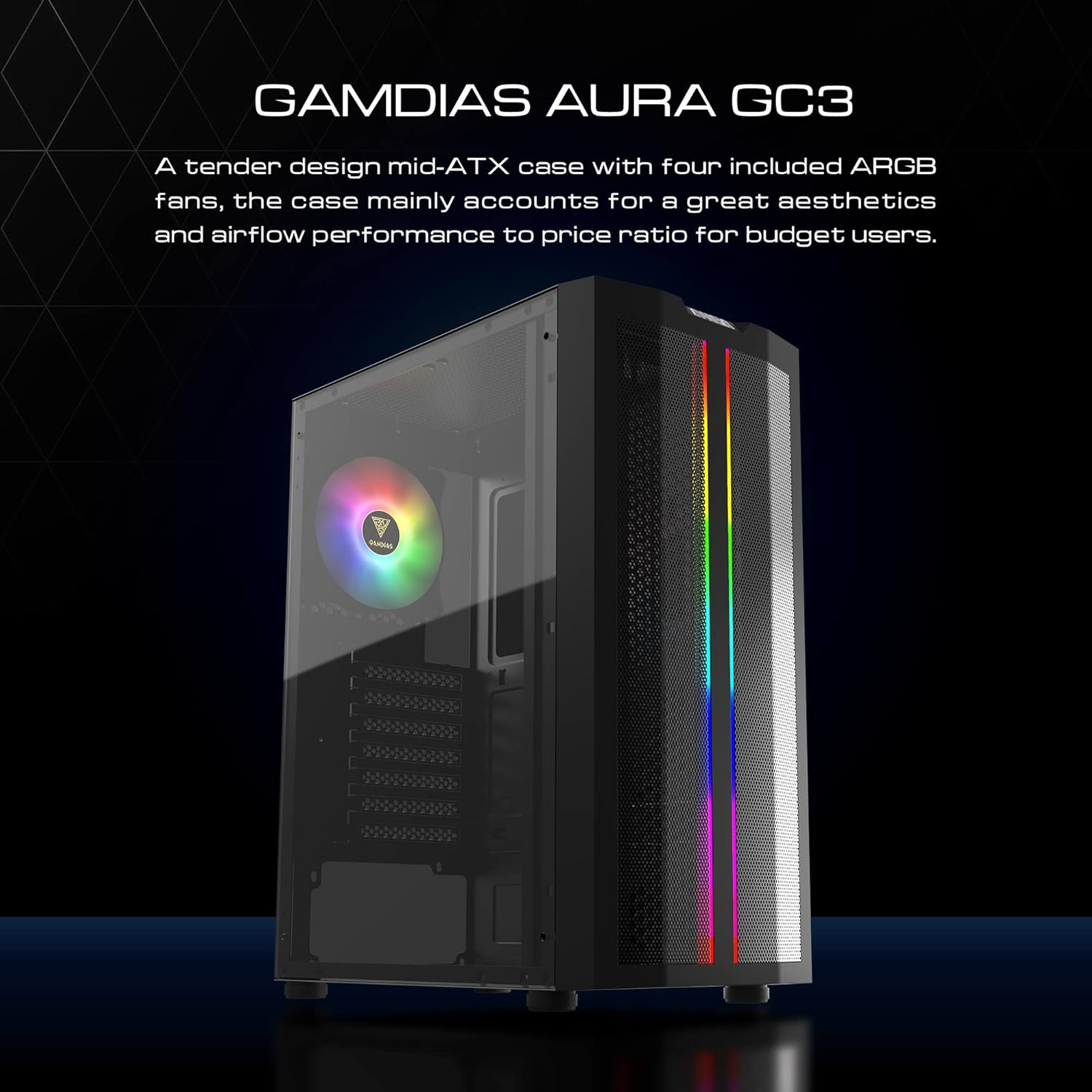 GAMDIAS ATX Mid Tower Gaming Computer PC Case with Side Tempered Glass, 1x 120mm ARGB Case Fans, ARGB LED Lighting Strips and Sync with 5V RGB Motherboard and Excellent Airflow