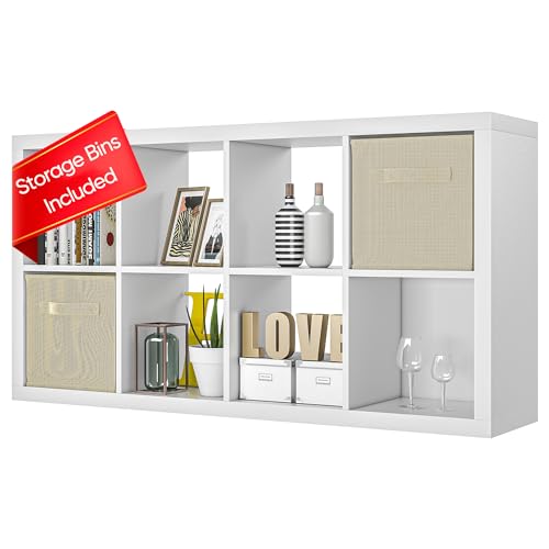 9 Cube Storage Organizer White, Wood Cube Storage with Bins, Modern Open Bookcase, Multifunctional Display Organizing Shelves for Living Room, Bedroom, Home Office, White