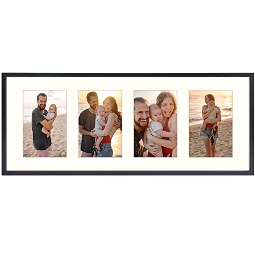 Golden State Art, 8x20 Picture Frame, Distressed White, Collage Frame Display Four 4x6 Photos, Horizontal or Vertical, HD Tempered Glass, Real Wood Molding, Wall Hanging, 1 Pack