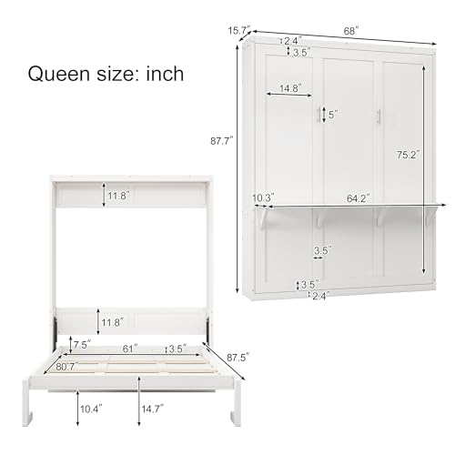 MERITLINE Queen Murphy Bed with Storage Cabinet，Bookcase，Shelves and Charging Station,Wood Folding White Murphy Wall Bed Cabinet for Adults