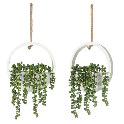2 Pcs Artificial Hanging Succulents Plants, Faux String of Pearls Plants in Pot with a Lanyard, Hanging Fake Succulent Plants for Bedroom, Small Wall, Living Room Decor