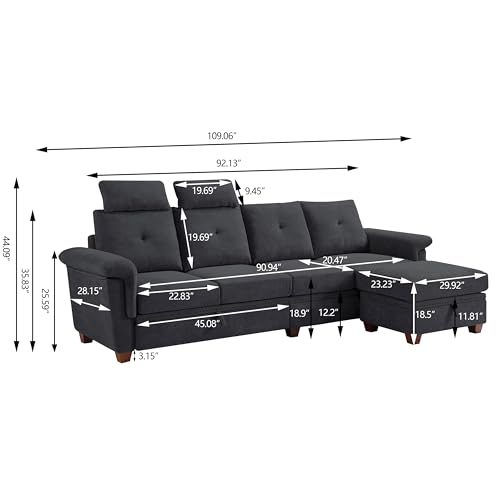 Convertible Sectional Sofa, Modern Microfibe High Back L Shaped Couch with Storage Chaise and Cup Holder 4 Seat Sofa Couches with Extra Headrests for Living Room, Apartment, Beige