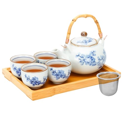 Japanese Tea Set Porcelain Tea Set with Teapot and Tea Cup Set for 4, Blue and White Tea Sets for Adults with Stainless Infuser and Bamboo Tray, Asian Tea Set for Tea Lovers/Women/Men (Plum & Bamboo)