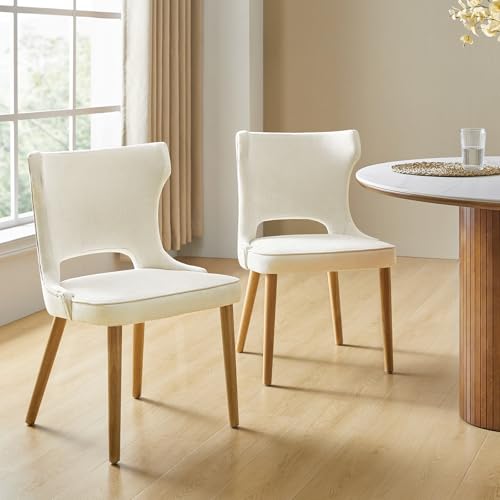 HULALA HOME Dining Chairs Set of 4, Upholstered Fabric Side Chair with Wood Legs High Back, Mid-Century Modern Kitchen Chairs, Curved Back Side Chairs for Dining Room Living Room(Ivory)