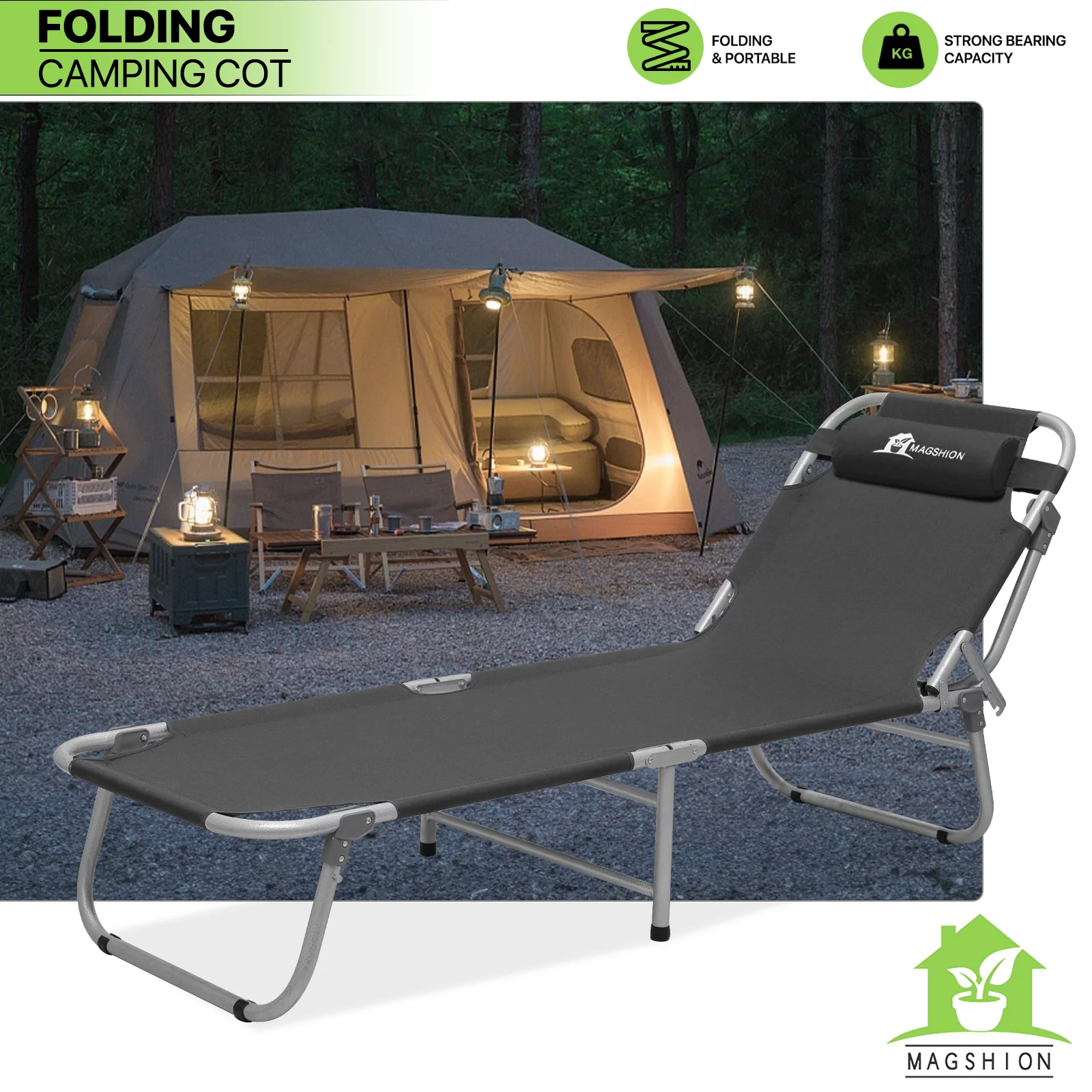 Magshion Outdoor Folding Camping Cots for Adults 330lbs, Portable Sleeping Cot Durable Lightweight Outdoor Bed with Carry Bag and Pillow, Black