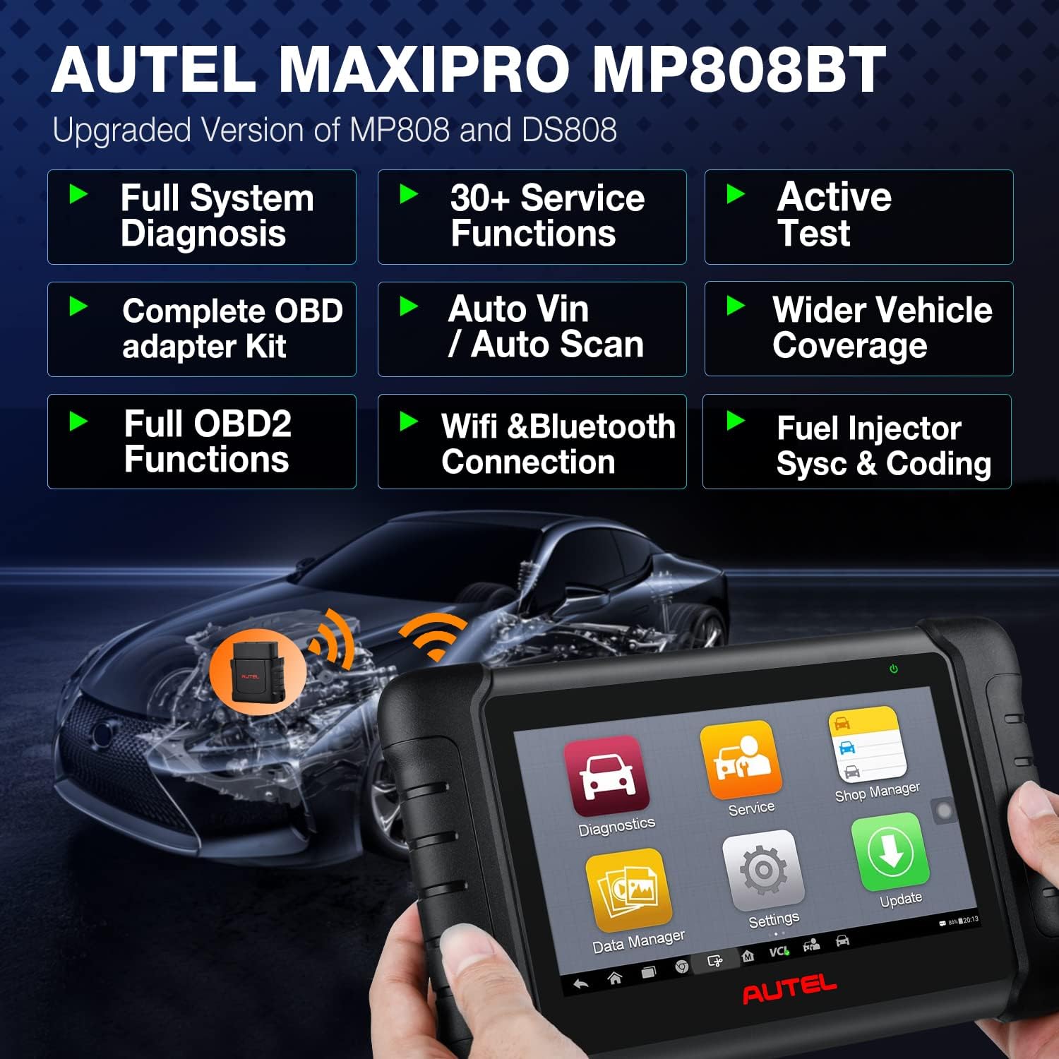 Autel Scanner MaxiPRO MP808BT PRO [Upgraded of MaxiDAS DS808, DS708, MP808], Same with MaxiSys MS906, OBD2 Bi-Directional Control Scan Tool with Bonus $150 Adaptor Kit, Full Diagnostics, 31+ Services