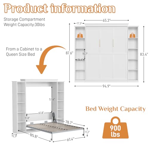 Queen Murphy Bed with Storage Bookcase & 4 Adjustable Shelves, Foldable Space-Saving Queen Wood Wall Bedframe with Metal Legs, Hidden Bedframe for Guest Room, Study, Home Office, Bedroom, White