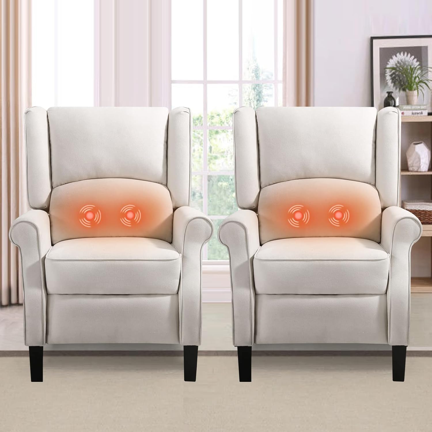 Amazon Brand- Set of 2 Wingback Recliner Chair with Massage and Heat- Accent Chair Push Back Chair for Living Room Bedroom(Beige)