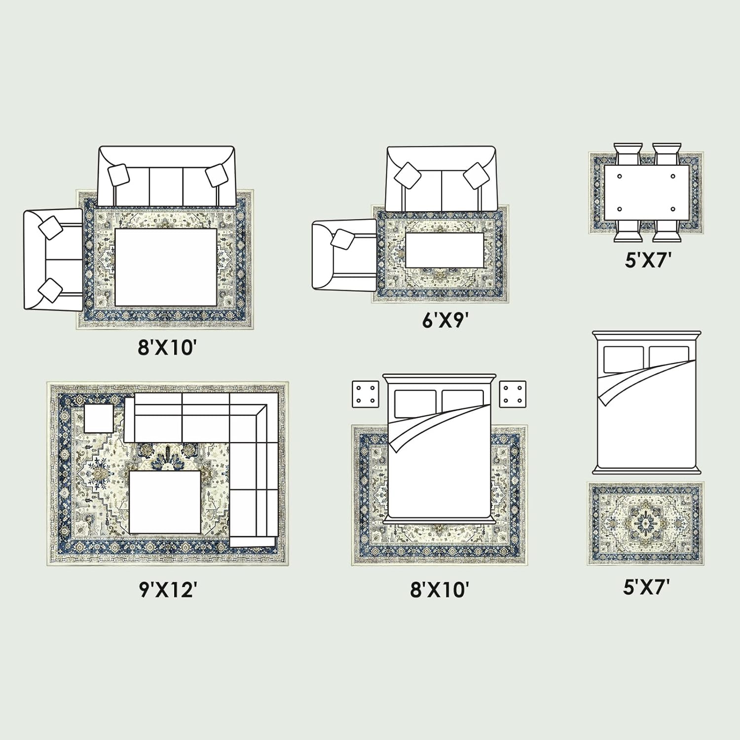 Large Area Rug for Living Room 8x10 - Machine Washable Soft Vintage Rug Oriental Boho Area Carpet Thin Farmhouse Rugs Non Slip Floor Rug Low Pile Rug for Bedroom Dorm Office House Decor