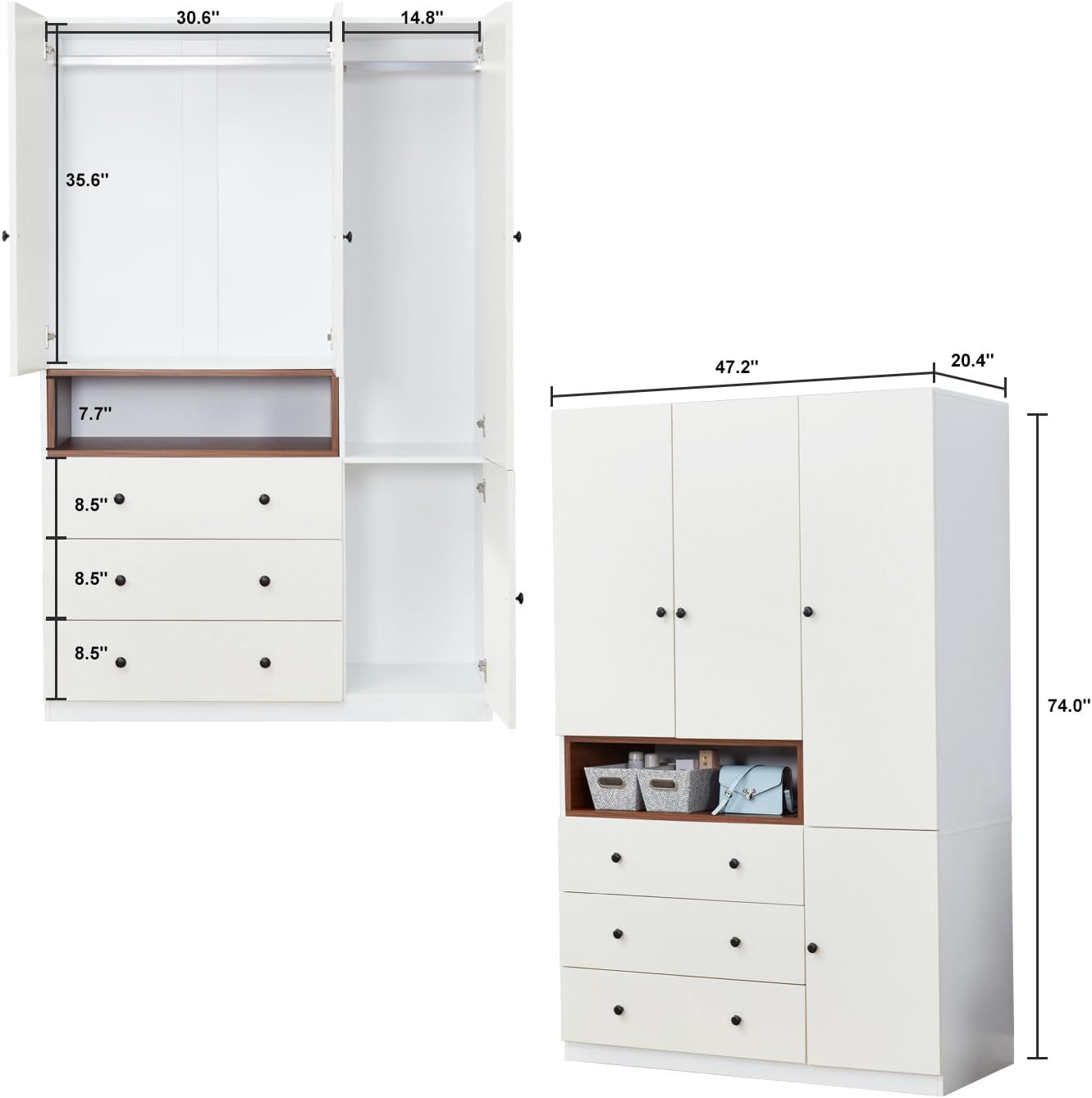 Wooden White 3-Door Armoire Wardrobe Closet with Hanging Rod Bedroom Armoires Wardrobe Closet Large Capacity Wardrobe Cabinet 47.3