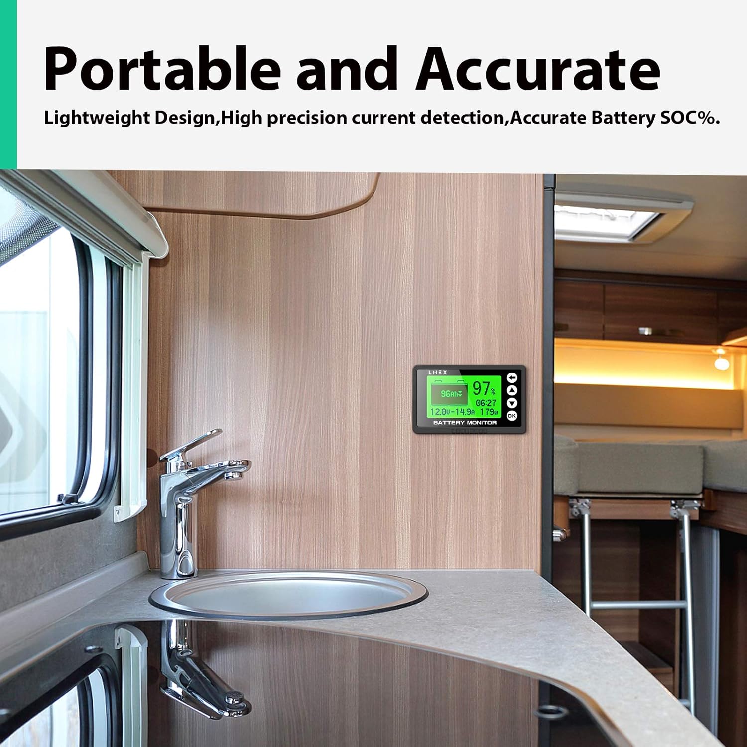 LNEX Portable Battery Monitor with Shunt, 500A Automotive Car Battery Monitor for RV Battery 10V-120V, with High and Low Voltage Programmable Alarm and 26ft Shielded Wire