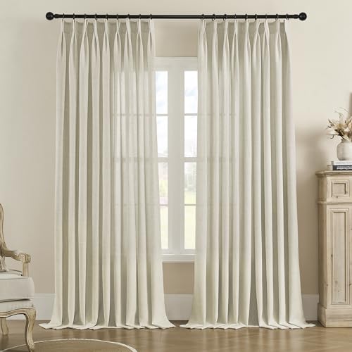 Taupe Linen Pinch Pleated Curtains 96 Inches Long for Living Room, Textured Linen Blended Light Filtering Pinch Pleat Semi Sheer Window Drapes, Easy Hanging Via Hooks 1 Panels 52