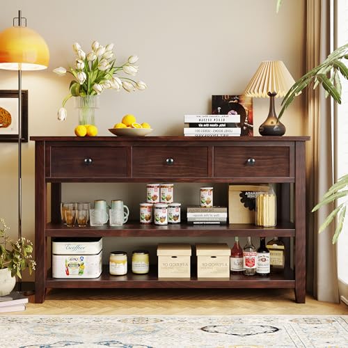 LUMISOL Retro Design Entryway Table with Storage Drawers and Shelves, Console Table with Pine Solid Wood Frame and Legs for Living Room, Espresso