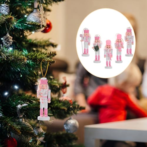 5 Pcs Christmas Nutcracker Ornament Wooden Nutcracker Hanging Decorations 5 Inch Tall Nutcracker Figures for Christmas Tree Pink Christmas Decorations