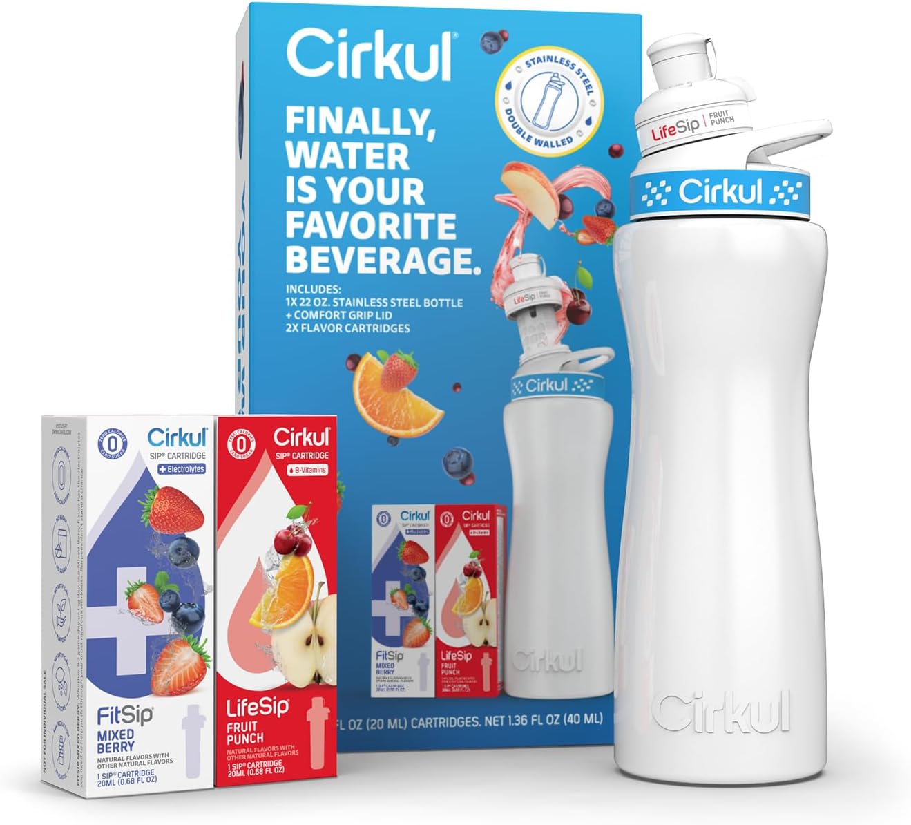 Cirkul 22oz White Stainless Steel Bottle Starter Kit with Blue Lid, 2 Flavor Cartridges - 1 LifeSip Fruit Punch & 1 FitSip Mixed Berry