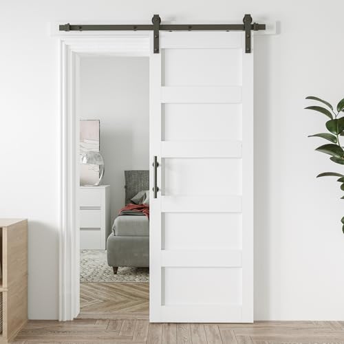 34in x 84in Sliding Barn Door with 6ft Barn Door Hardware Kit & Handle, Pre-Drilled Holes Easy Assembly -Solid Barn Door Slab Covered with Water-Proof PVC Surface, White, 5 Panel